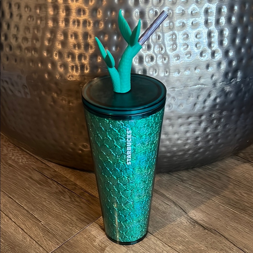 2025 Starbucks Siren Mermaid Iridescent Teal Cold Cup with Tail Straw Topper